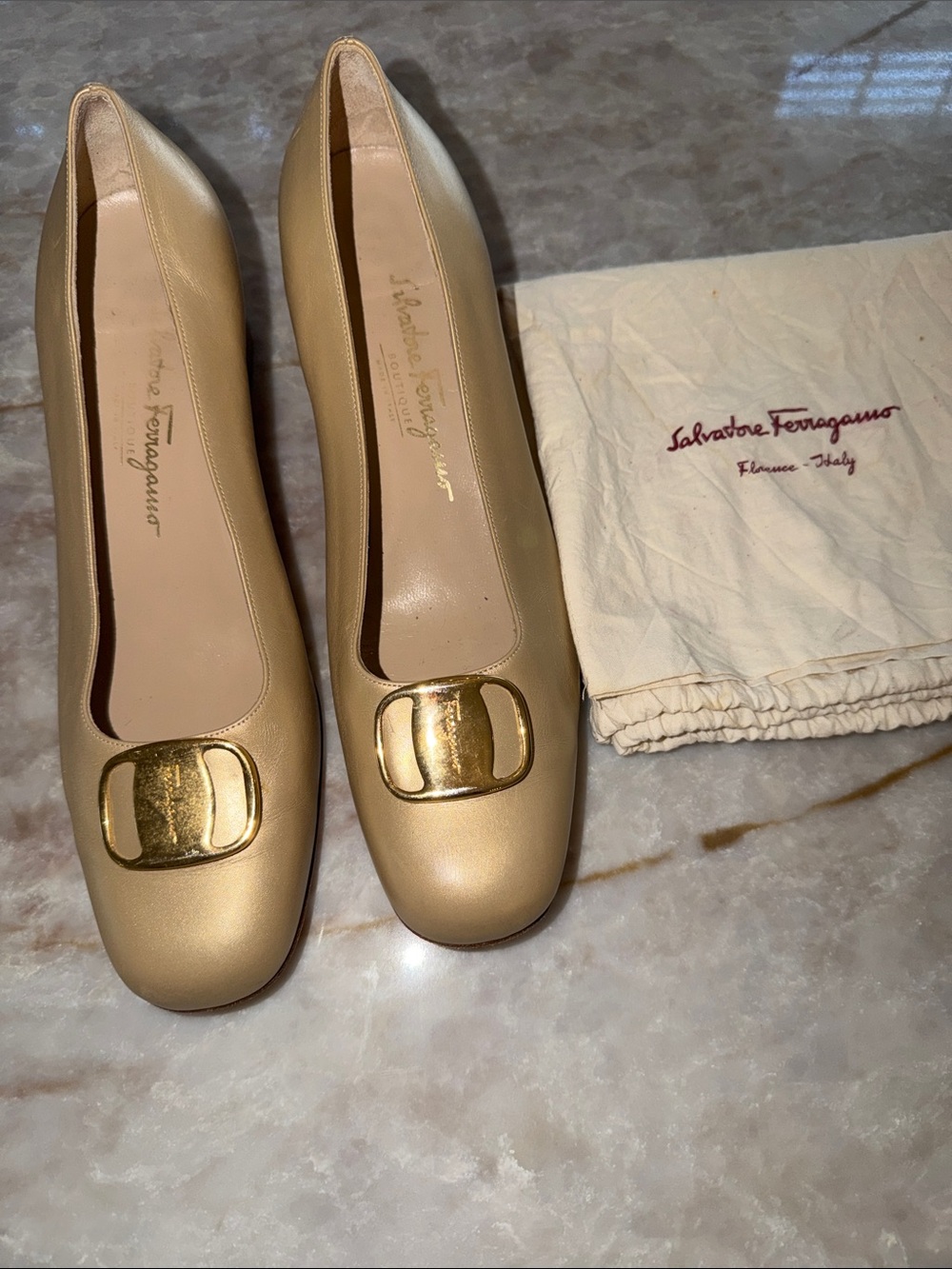Salvatore Ferragamo Beige Leather Flats with Gold Buckle Size 11B